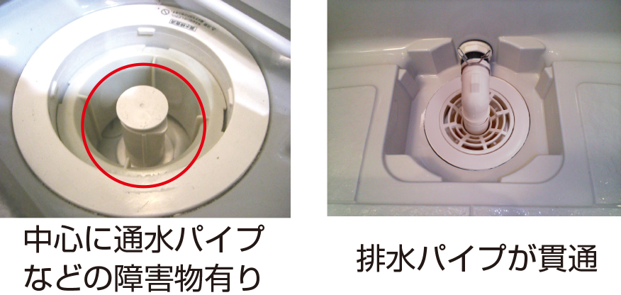 中心に通水パイプなどの障害物あり／排水パイプが貫通している